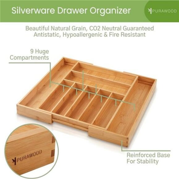 Expandable Bamboo Drawer Organizer Utensil Silverware Flatware Tray - Picture 3 of 6